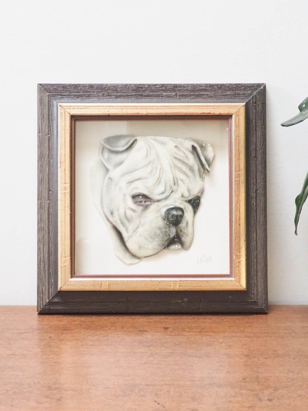 Vtg Framed Layered Paper Art - Bulldog Framed Art - Layered Paper Dog Framed Art